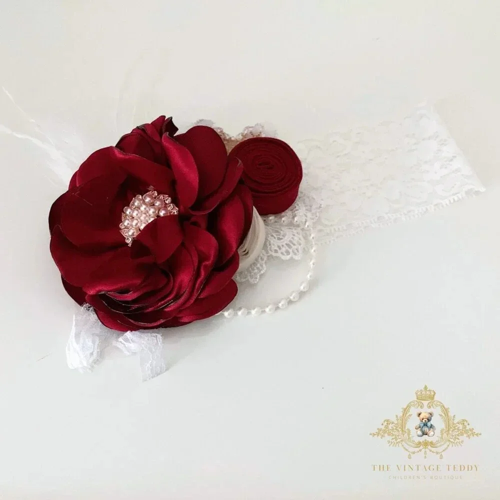 NWT Pretty Vintage Inspired Girls Headband Floral Beaded Lace Crimson Red OS